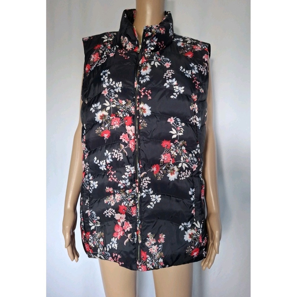 LOFT‎ Floral Collared Quilted Zip Vest Black Red White Pink Women Sz 16 Cottage